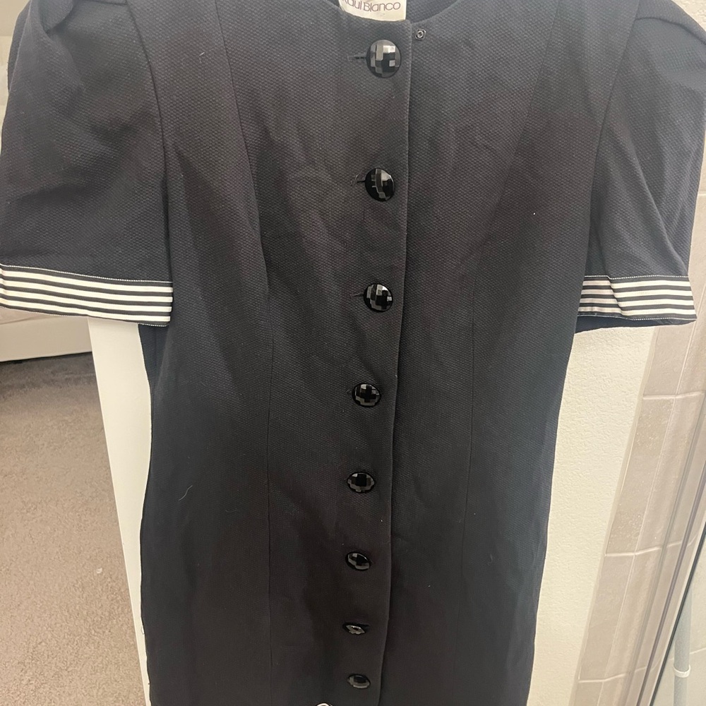 Black Button-Up Dress with Striped Sleeves